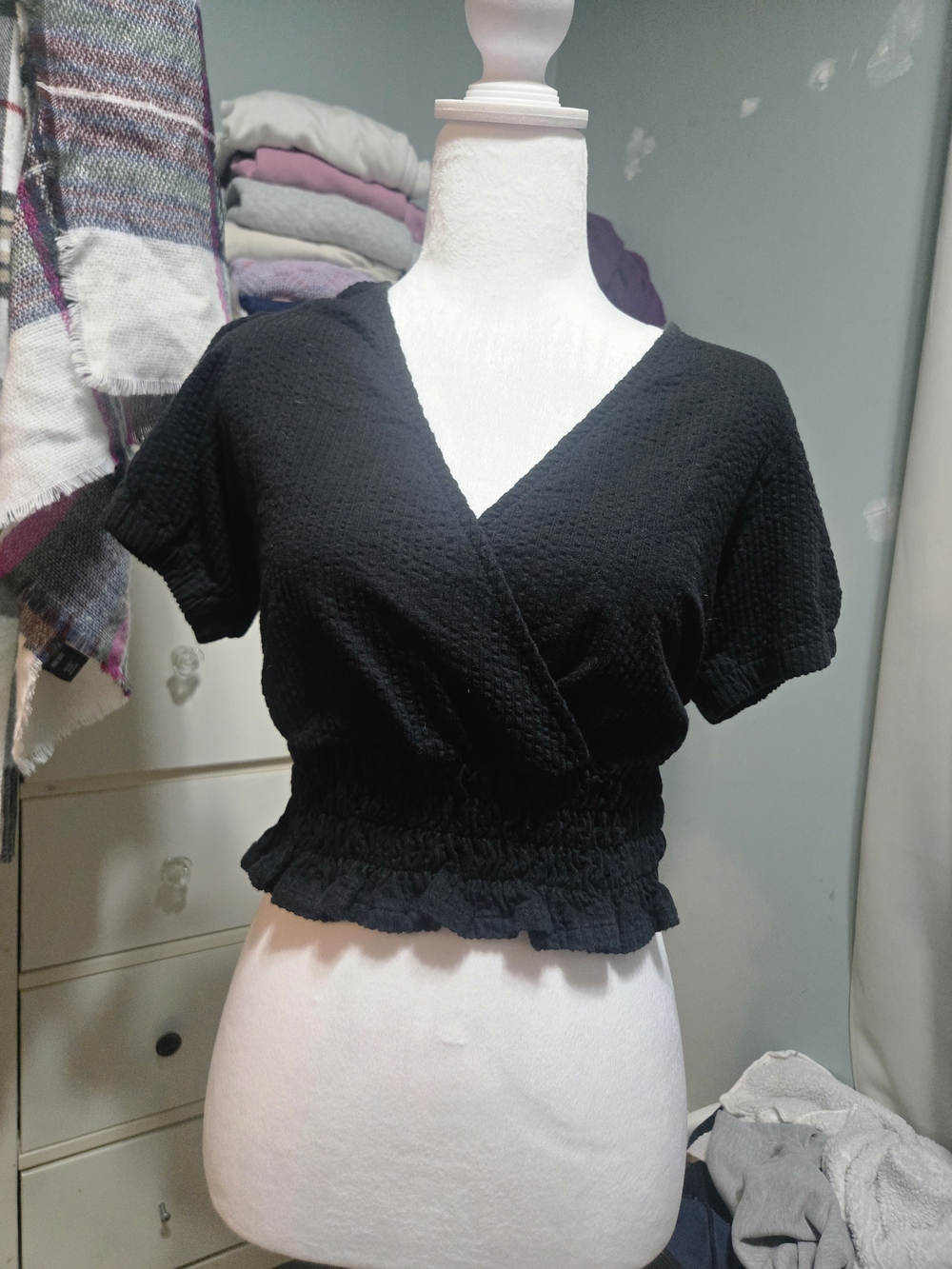 Madewell Black Cropped Wrap Smocked-Waist Top